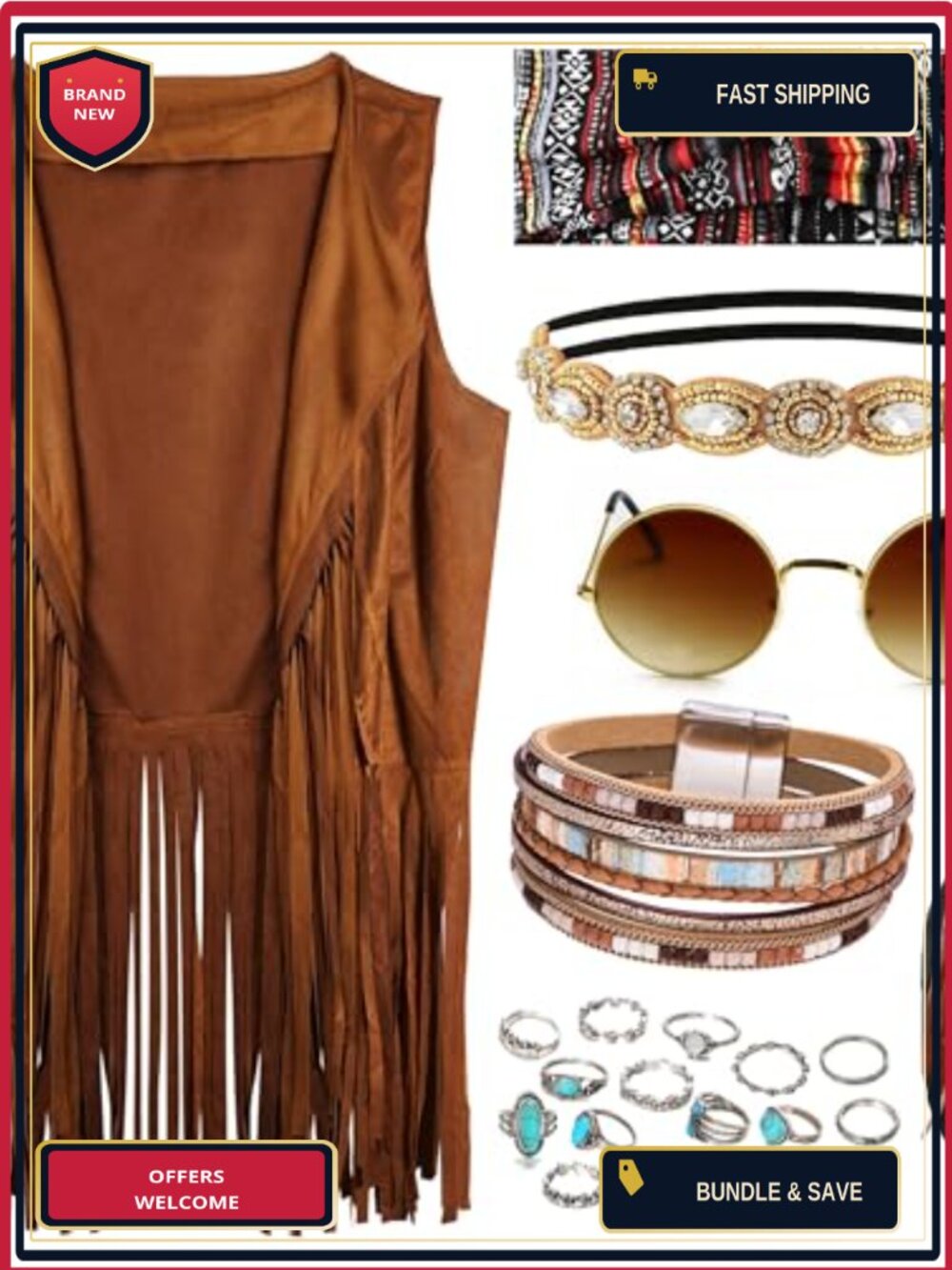 Fringe Hippie Vest Costume Set Women 60s 70s Disco Party Accessories